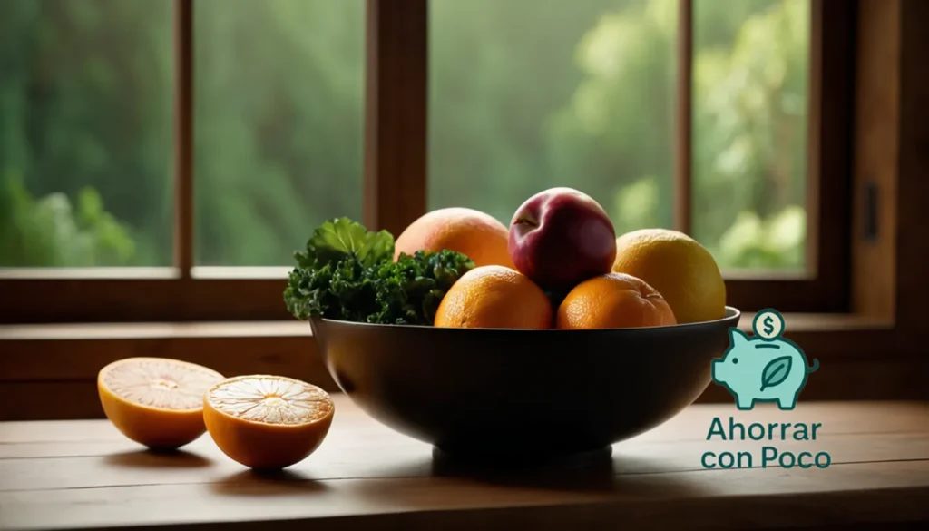 Ahorrar Dinero en Alimentos Orgánicos: "La imagen debe mostrar un tazón grande repleto de una variedad de frutas y verduras orgánicas coloridas y vibrantes