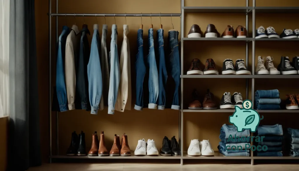 Ahorrar dinero en ropa y zapatos: "La imagen debe mostrar un soporte de ropa bien arreglado con Ropa y Zapatos en estantes y pedestales frente a un fondo modestamente decorado