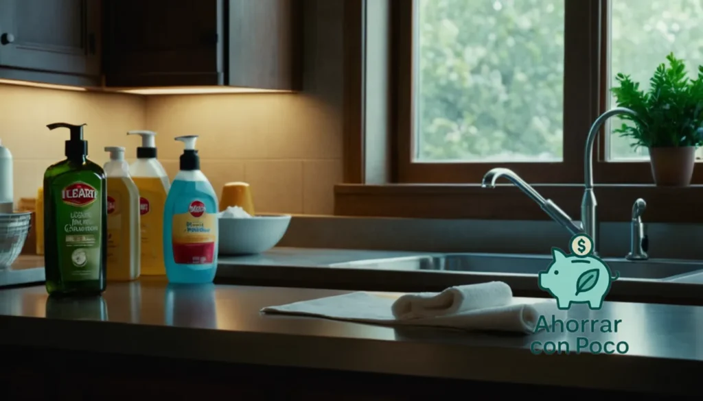 Ahorrar en productos de llimpieza baratos: La imagen debe mostrarse: una encimera de cocina desordenada abarrotada de productos de limpieza económicos
