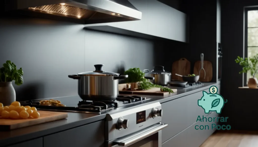 Ahorrar Energie en Cocina: "La imagen debe mostrar un espacio de cocina cálido y acogedor con una pantalla de panel de energía inteligente en la pared detrás de una gran coquetería de inducción eléctrica de acero inoxidable