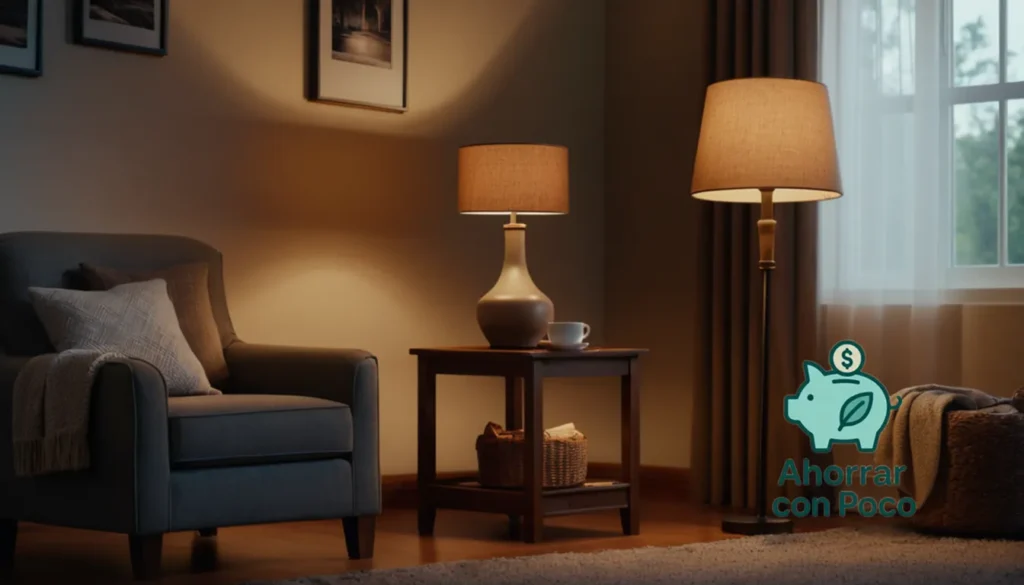 Ahorrar presupuesto en el hogar económico: La imagen debe mostrar una sala de estar acogedora y modesta de una familia con dificultades económicas