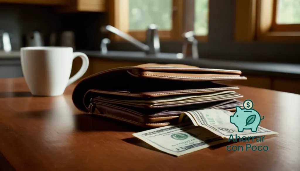 Ahorrar sobre Salario Mínimo: La imagen debe mostrarse: una billetera desgastada hecha de cuero bronceado