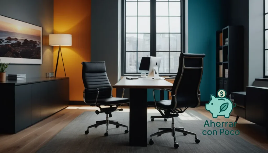 Ahorrarenergiaeneltrabajo: La imagen debe mostrarse: un espacio de oficina bien iluminado y aireado con un elegante escritorio de madera como el punto focal central