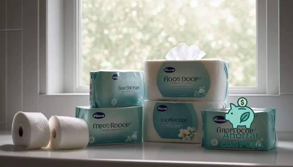 Ahorras en Higiene: "La imagen debe mostrarse: una tina transparente de jabón suave en un estante forrado con rollos de papel higiénico de pétalos suaves y pilas de tejidos faciales doblados