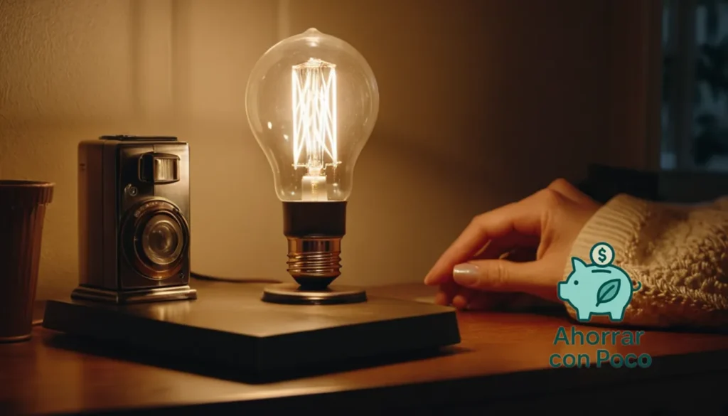 Ahorro de Energía con Luces: "La imagen debe mostrarse: un primer plano de la mano de una mujer que reemplaza la bombilla incandescente existente en una lámpara de mesa con una bombilla LED de eficiencia energética