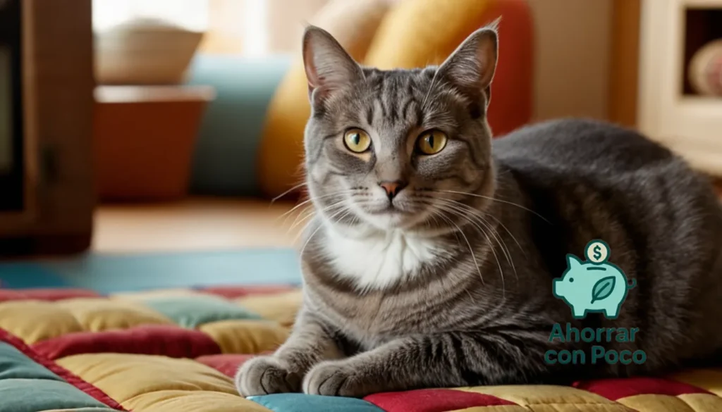 Ahorro económico para mascotas: "La imagen debe mostrar un momento de domesticidad conmovedor: un gato suave y de cabello gris con ojos dorados se sienta cómodamente en un colorido cojín de mosaicos en una acogedora sala de estar