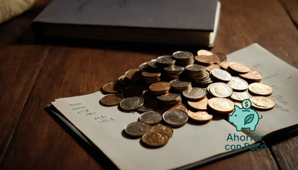 Ahorro en bajos ingresos: La imagen debe mostrarse: una pequeña pila de monedas (Monedas) en una mesa de madera en una sala de estar desordenada pero acogedora