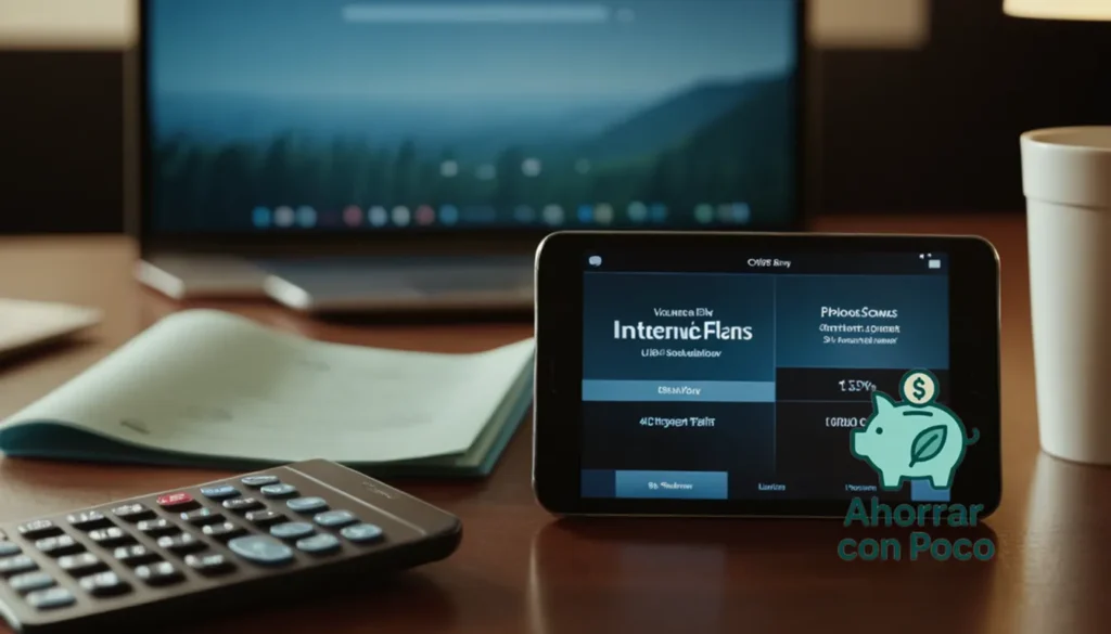 Ahorro en Internet y Tarifa: La imagen debe mostrar un primer plano de la pantalla de un teléfono inteligente que muestra varios planes de tarifas de Internet en un dispositivo similar a una tableta en el fondo