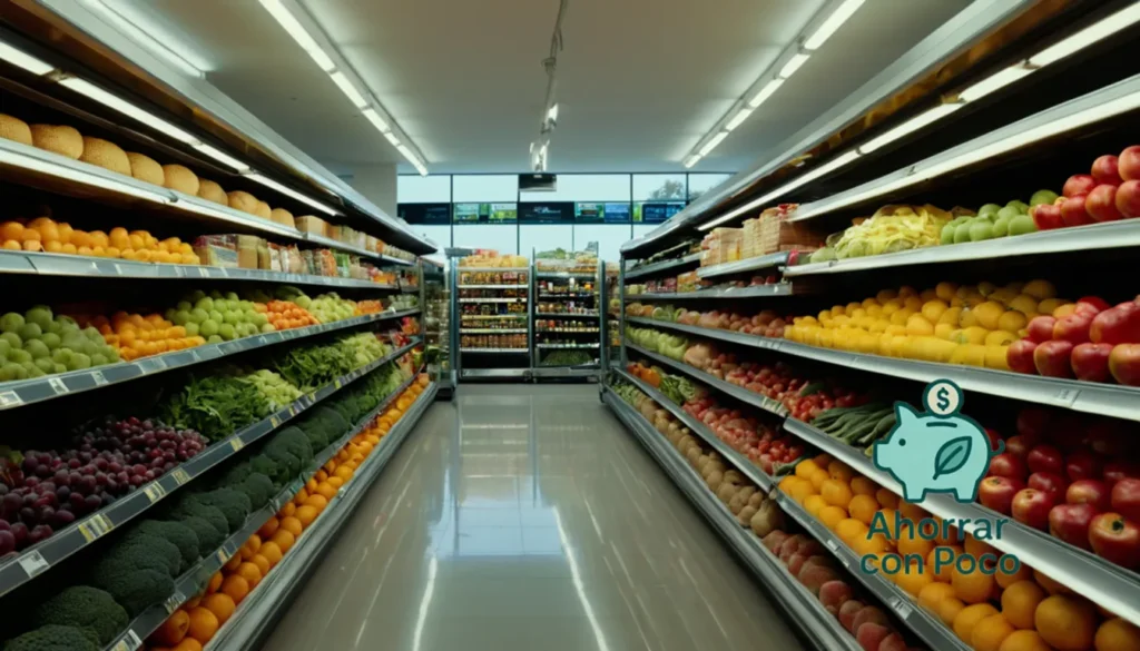 Ahorro en supermercados: "La imagen debe mostrarse: un pasillo de supermercado amplio y muy iluminado con hileras de coloridas frutas y verduras apiladas en estantes de metal