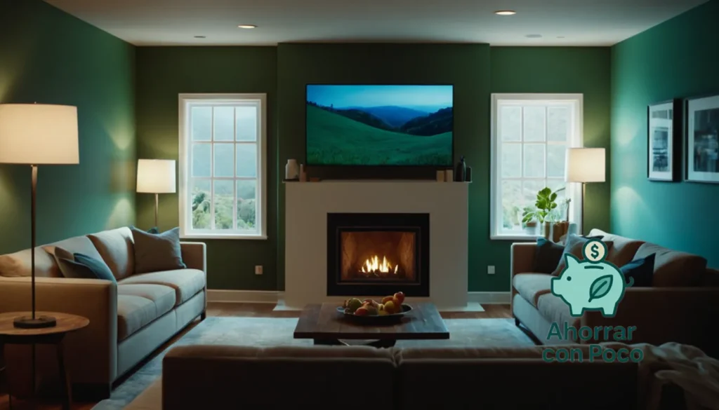 Ahorro energético doméstico: La imagen debe mostrarse: una sala de estar cálida y acogedora con una pequeña familia reunida alrededor de un televisor LED brillante