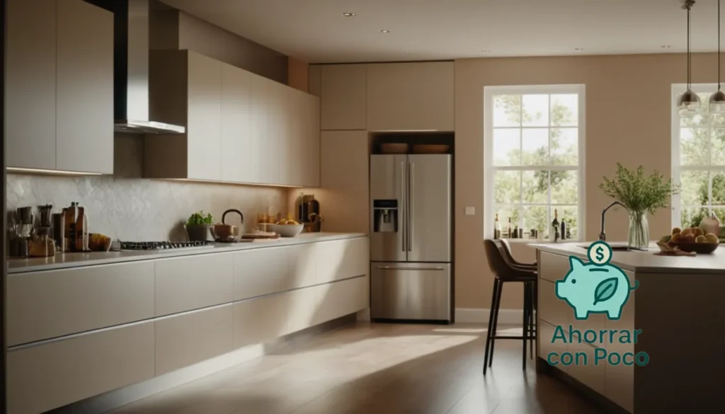 Ahorro Energético Electrodomésticos: "La imagen debe mostrar una cocina moderna con paredes de color beige cálidos y gabinetes blancos