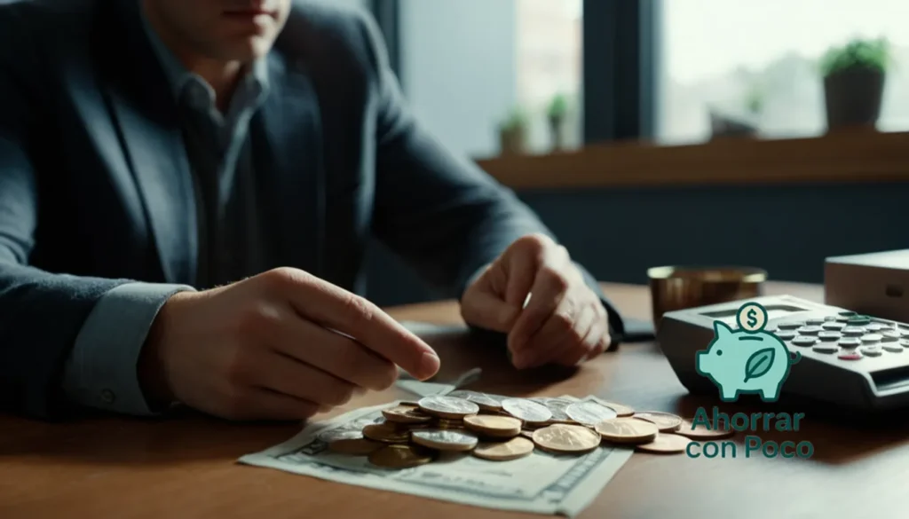 Ahorro seguro en bajos ingresos: La imagen debe mostrarse: un primer plano de las manos de una persona con unas pocas monedas y una declaración bancaria arrugada sobre un escritorio desordenado pero ordenado en una tienda de muebles económico