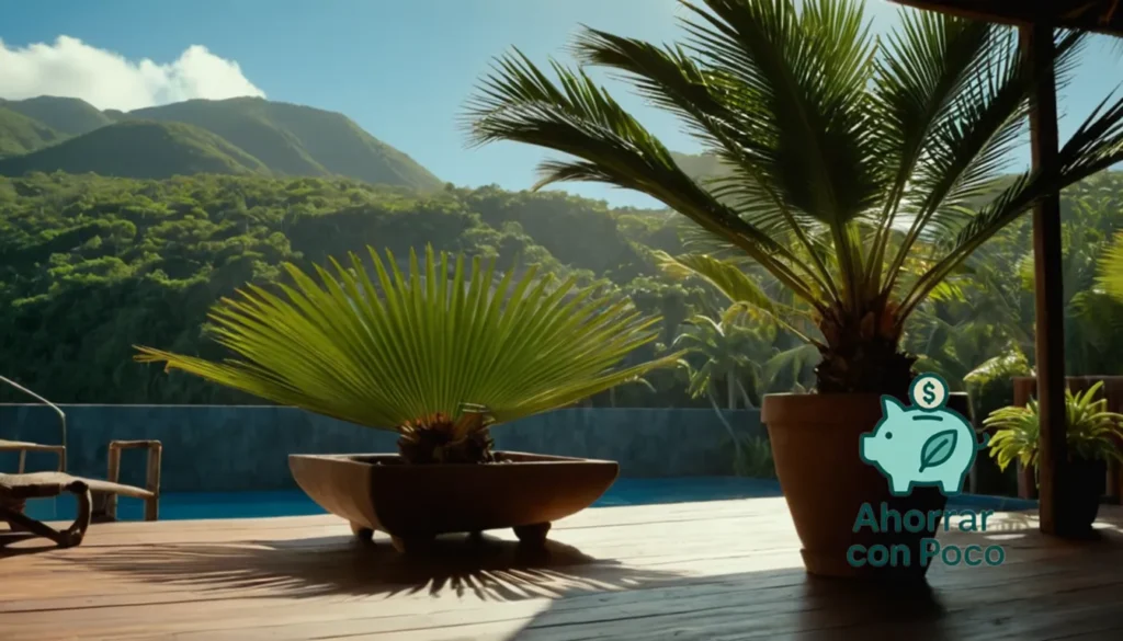 Ahorros en agua al cepillar: La imagen debe mostrar una toma ampliada de la delgada tronco del árbol de Aguá (Aguaje Palm) y las exuberantes hojas verdes vibrantes