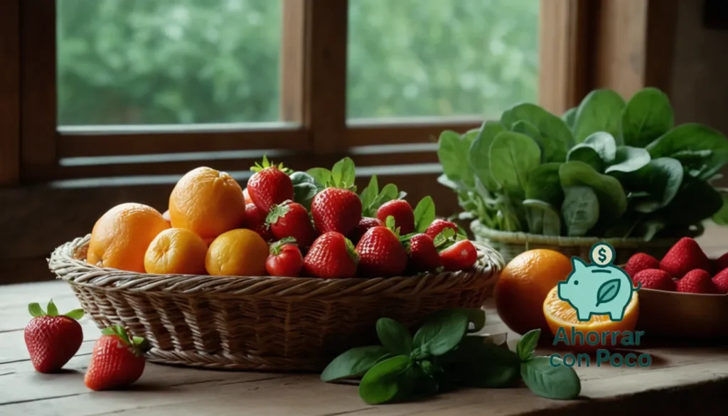 Alimentos frescos baratos: La imagen debe mostrarse: una fuente vibrante y colorida de frutas y verduras frescas
