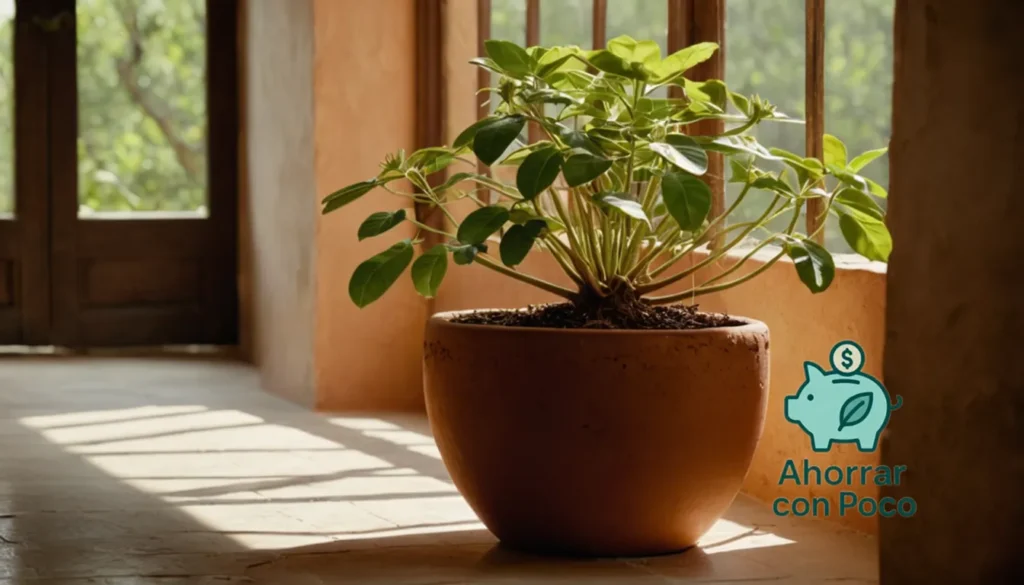 Alternativas deocio familiares baratas: "La imagen debe mostrarse: una fotografía de una planta OiCo (passiflora ligularis) que brota de una olla de terracota agrietada