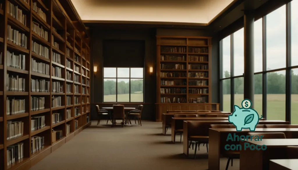 Bibliotecas para economizar dinero: La imagen debe mostrar un interior cálido y acogedor de la biblioteca pública
