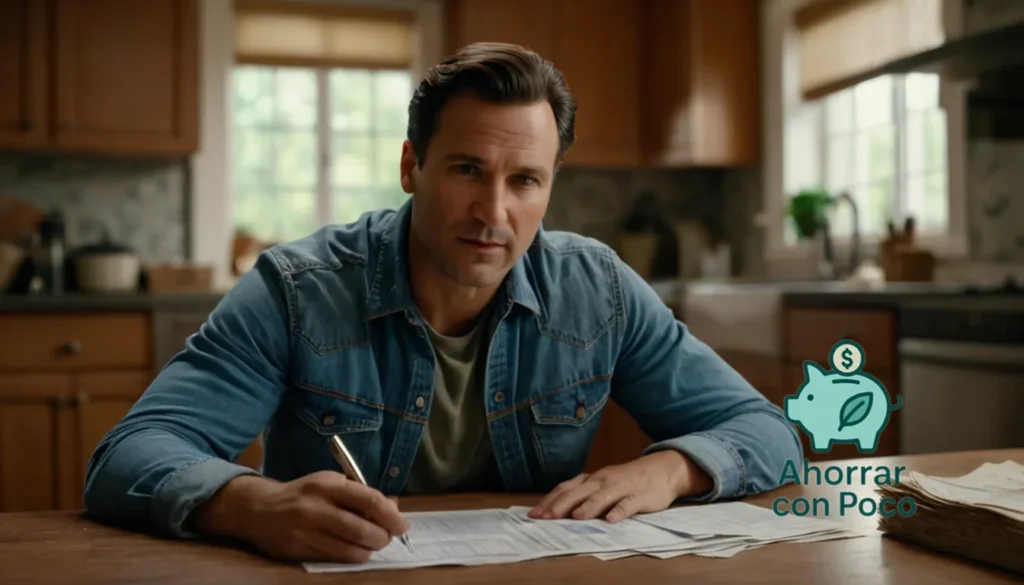 Cómo planificar el presupuesto como padre soltero: La imagen debe mostrar a un padre soltero de mediados de los 30 en una camisa de mezclilla y jeans desgastados