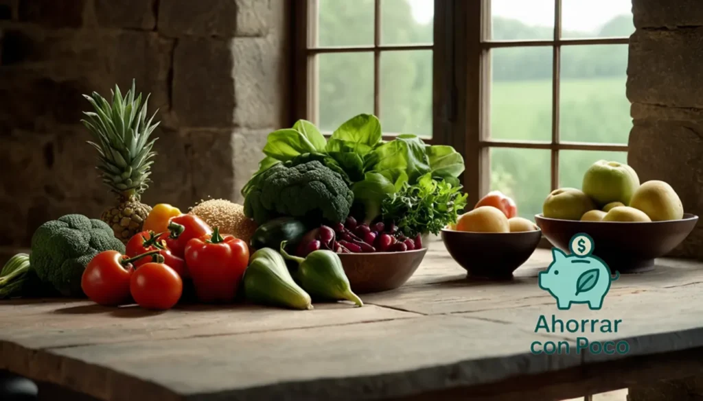 Compra alimentos orgánicos a precios razonables: La imagen debe mostrar una mesa de madera bellamente diseñada con una variedad de verduras orgánicas frescas