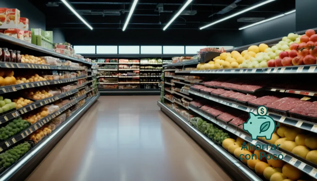 Comprar barato en supermercado: La imagen debe mostrar un pasillo de supermercado bien surtido con frutas prominentemente exhibidas a nivel de los ojos