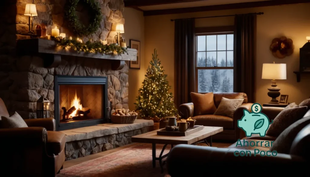 Consejos para ahorro de energía en el hogar en invierno: La imagen debe mostrarse: una escena cálida y acogedora de la sala de estar en un frío día de invierno