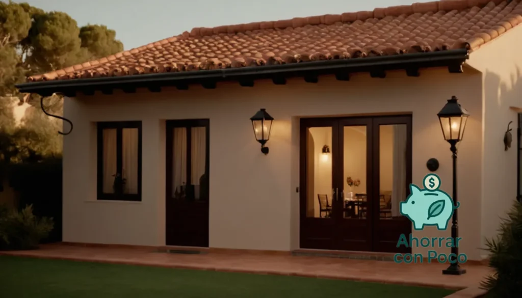 Consejos para un hogar eficiente en energía: "La imagen debería mostrarse: un exterior casero de estilo español cálido y acogedor al anochecer