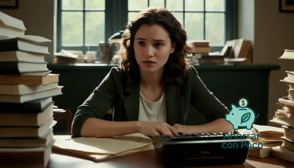 Crear Presupuesto Solo Persona: La imagen debe mostrar a una mujer adulta joven identificable de unos 20 años sentada en un escritorio desordenado