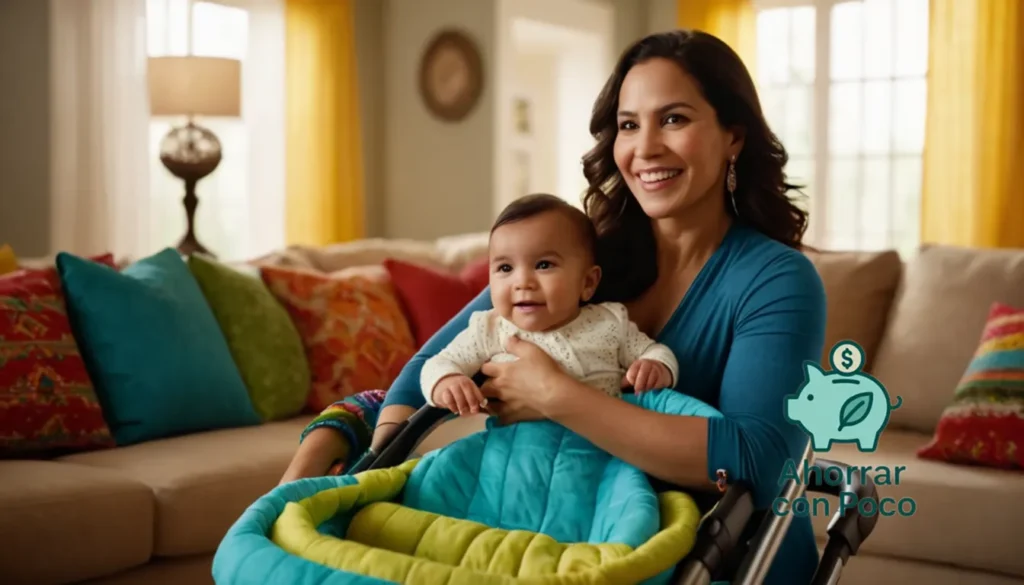 Cuidado infantil asequible: "La imagen debería mostrar a una alegre madre latina sosteniendo a su bebé feliz en una sala de estar modesta y modesta con vibrantes textiles mexicanos y juguetes coloridos esparcidos