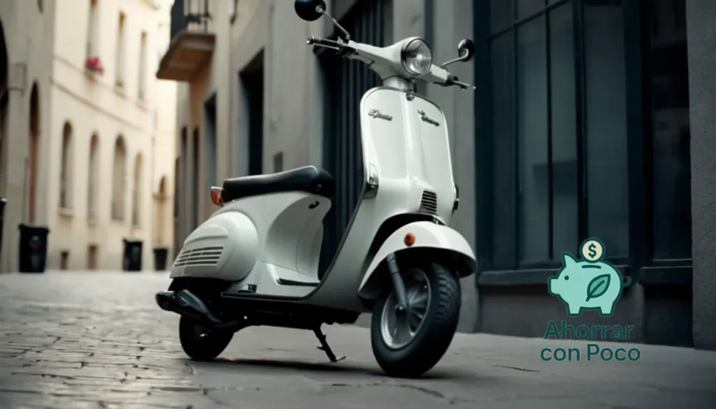 Divide a Tres por Gasolina compartida: "La imagen debería mostrarse: un scooter de Tres estacionado en una superficie plana de concreto en un callejón urbano brillante y bien iluminado