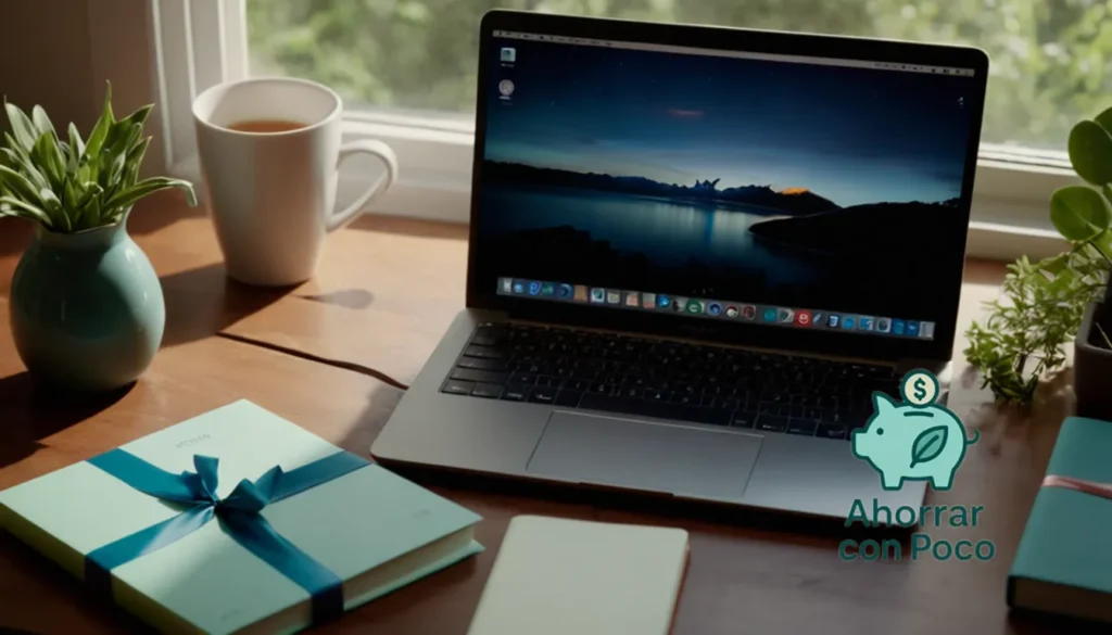 Economías para el cuidado personal: La imagen debe mostrar un espacio de estudio sereno e íntimo con la computadora portátil y el diario de una mujer joven abierta en un escritorio de madera minimalista