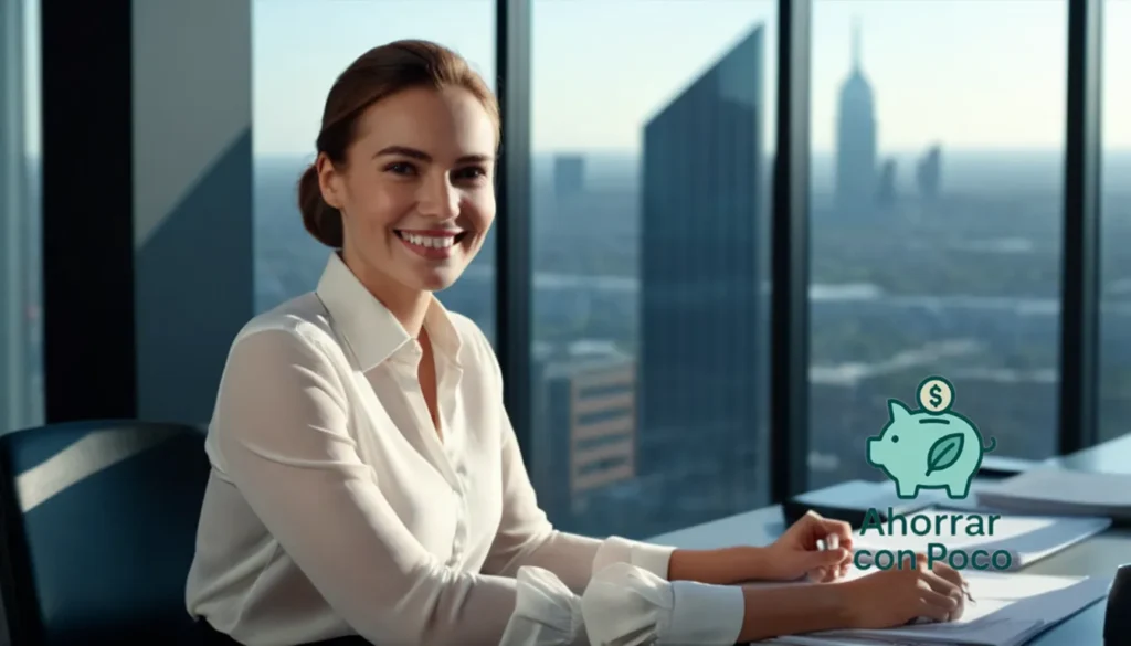 Empleos altos salario con beneficios para los familiares: La imagen debe mostrarse: una mujer sonriente sentada en un escritorio en un espacio de oficina moderno con grandes ventanas