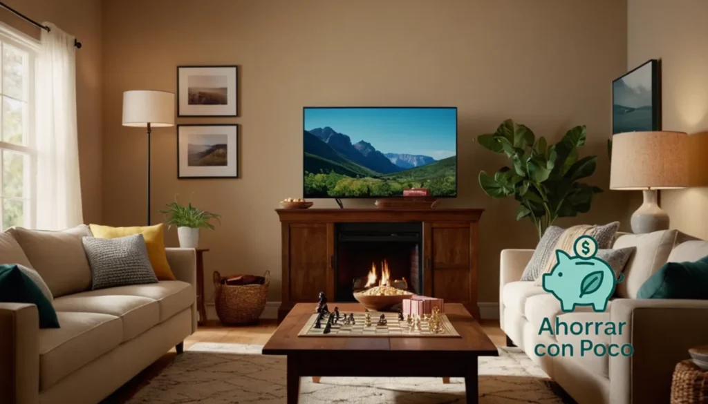 Entretenimiento económico en casa: La imagen debe mostrarse: una sala de estar cálida y acogedora con una persona en el centro