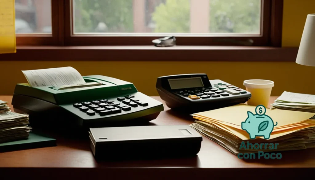 Estrategias para reducir impuestos con bajos ingresos: La imagen debe mostrarse: un escritorio desordenado pero organizado con montones de facturas