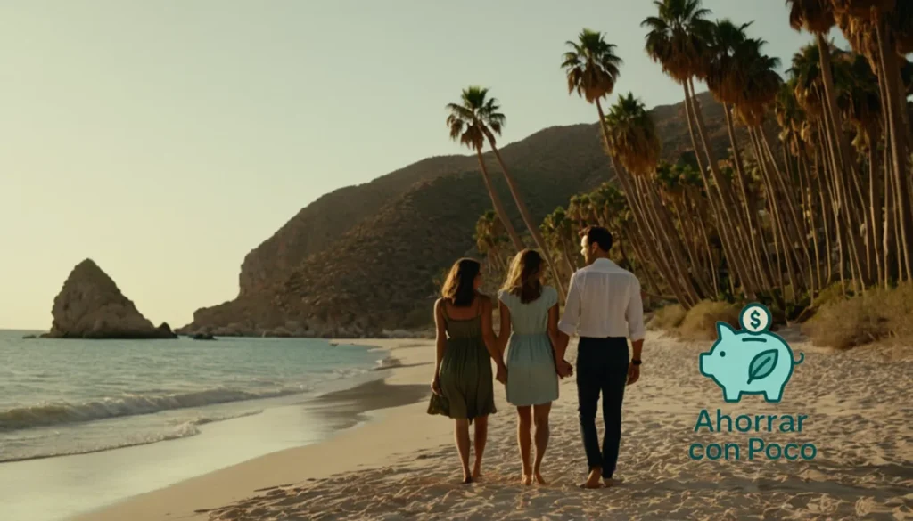 Finanzas Personales en Baja Renta: "La imagen debe mostrar un primer plano de una joven pareja en sus 30 años en el borde de una pequeña playa