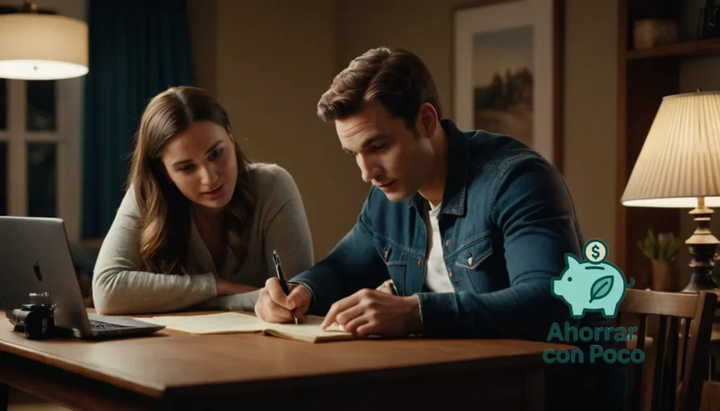 Gestión Finanzas Personales Baja Renta: "La imagen debe mostrar a una joven pareja casada de veintitantos años sentada en un pequeño escritorio de madera en su acogedora sala de estar suburbana