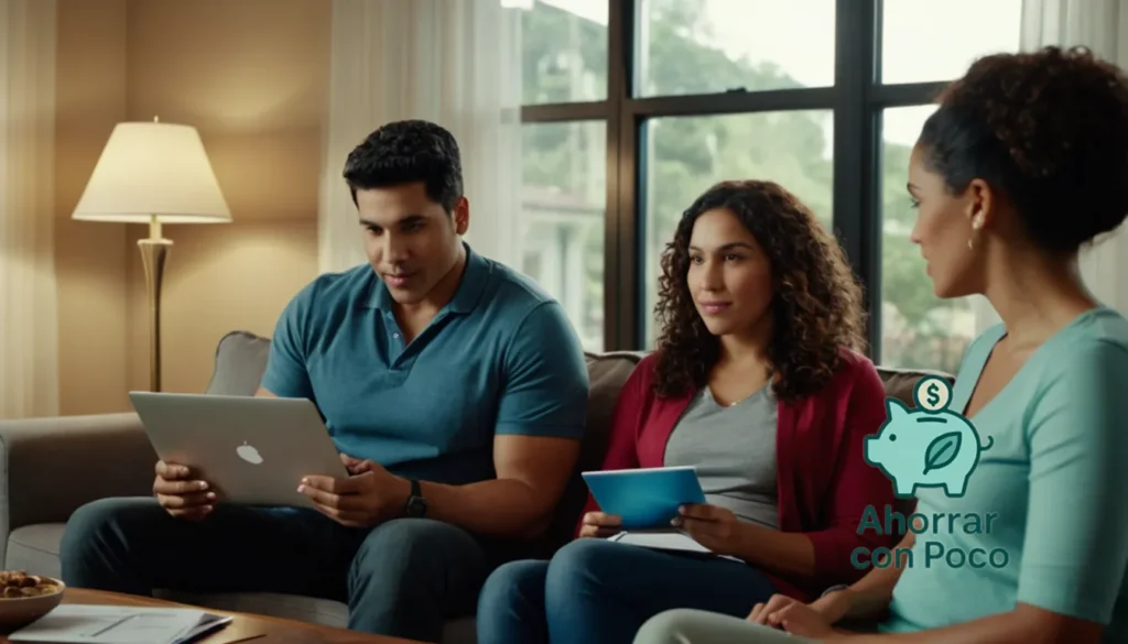Gestiona tus gastos médicos bajo presupuesto: La imagen debe mostrar una sala de estar cálida y acogedora con una familia hispana de cuatro sentadas cómodamente en su sofá