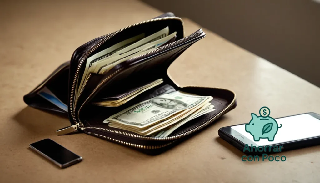 Gestionar dinero con bajos ingresos en economía limitada.: La imagen debe mostrarse: una billetera desordenada y desgastada que se repleta de billetes arrugados