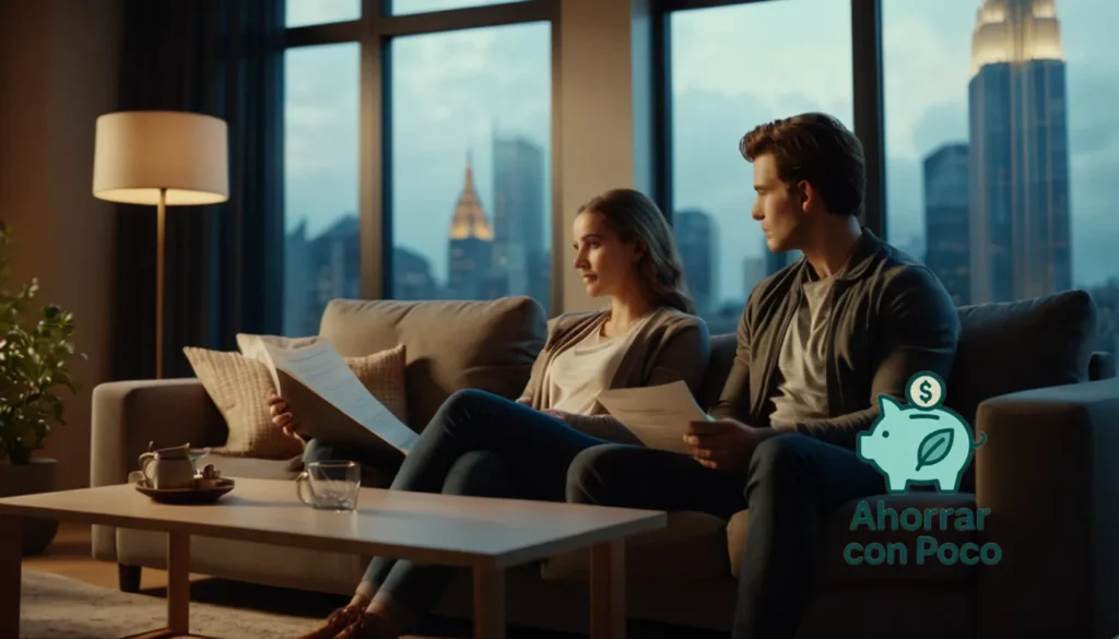 Hipotecas con presupuesto limitado: "La imagen debe mostrar una sala de estar cálida e íntima con una pareja joven sentada en un acogedor sofá
