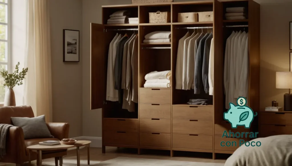 Organiza tu armario eficientemente: "La imagen debe mostrarse: un armario perfectamente organizado con estantes de madera