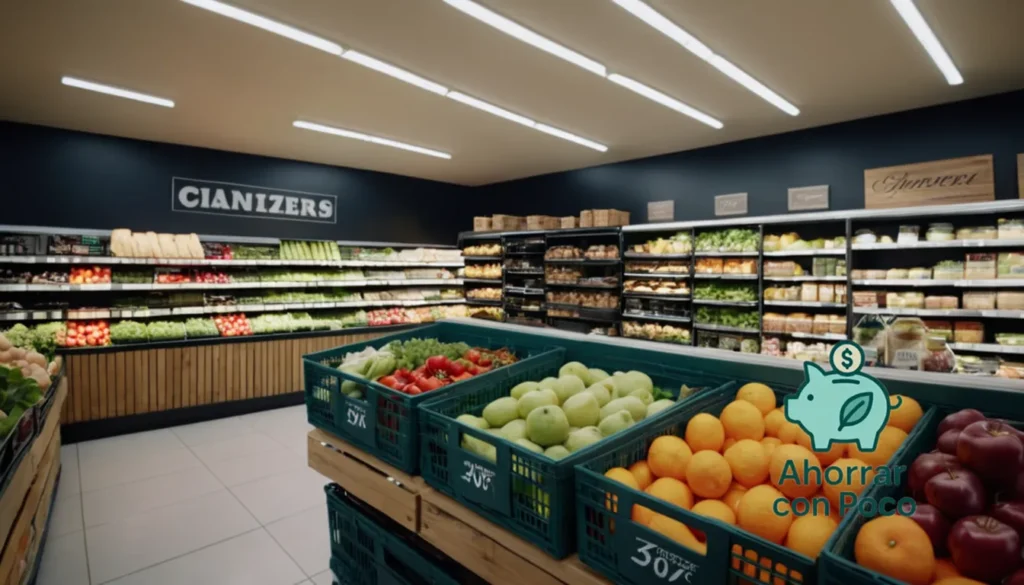 Pagar menos en el super mercado: "La imagen debe mostrar un bullicioso pasillo de supermercado bañado a la cálida luz de la tarde