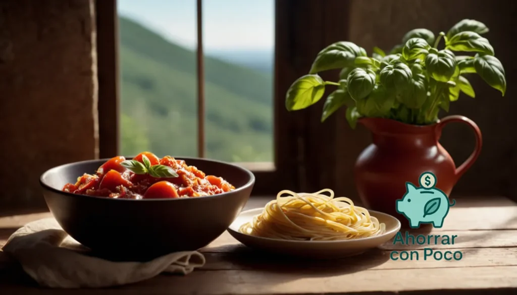 Recetas económicas a hacer en casa: La imagen debe mostrar una mesa rústica de madera con un tazón humeante de pasta casera de alguas