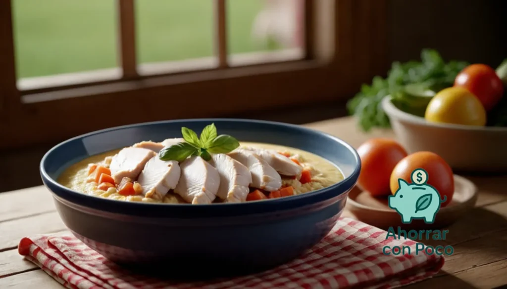 Recetas para Bebés Económicas: La imagen debe mostrarse: una fotografía cálida y acogedora de un tazón de cerámica casero lleno de pollo humeante y puré de verduras