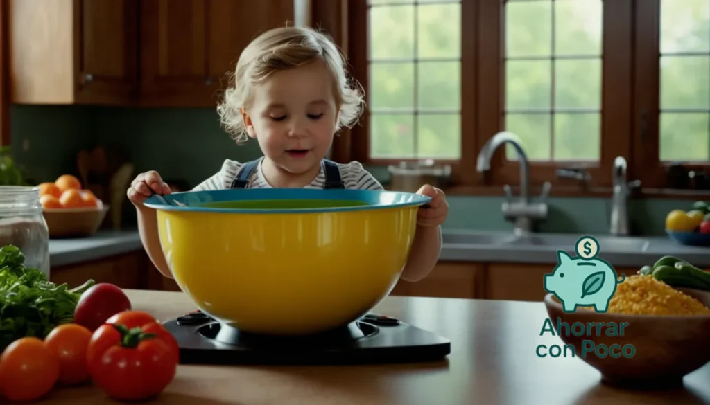Recetas para niños baratas: "La imagen debe mostrar una escena colorida y vibrante de un niño pequeño con entusiasmo que revuelva un tazón grande lleno de ingredientes de color arco iris en una encimera de cocina desordenada