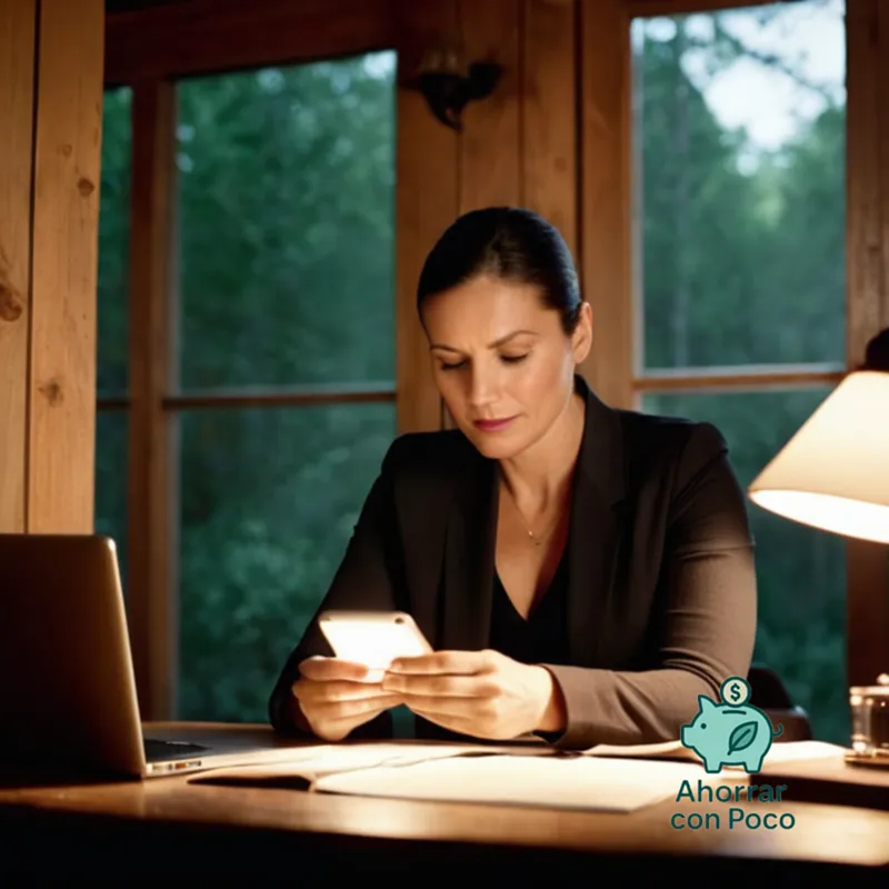 The image should show: A woman in her mid-thirties sitting at a cluttered wooden desk, surrounded by laptops, bills, and checkbooks, intently focused on her smartphone screen displaying a mobile finance app, such as Mint or Personal Capital, amidst a subtle warm glow of natural light filtering through a nearby window.
