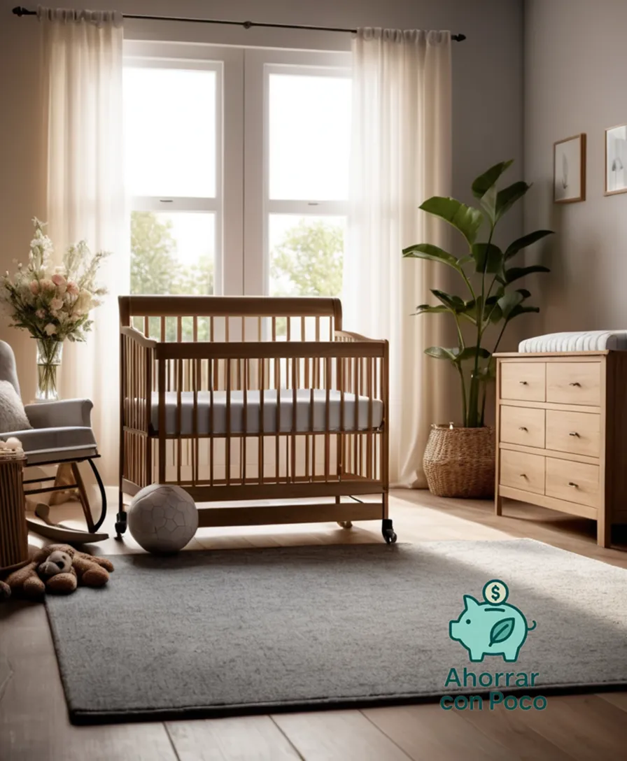 The image should show a warm and inviting scene of a nursery with various Products Bebés items in the background: a playpen with soft cushions, a baby gear stack containing a stroller, high chair, and monitor, amidst a natural wood crib with flowers and books on its side, all beautifully lit to convey comfort and practicality.