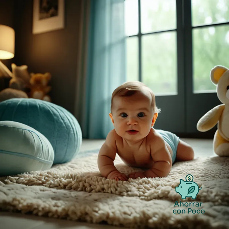 The image should show a small baby lying on a plush rug, surrounded by soft toys and natural fibers, with a handful of cloth diapers and disposable ones beside them, capturing the intimacy and simplicity of parenthood amidst economic concerns.