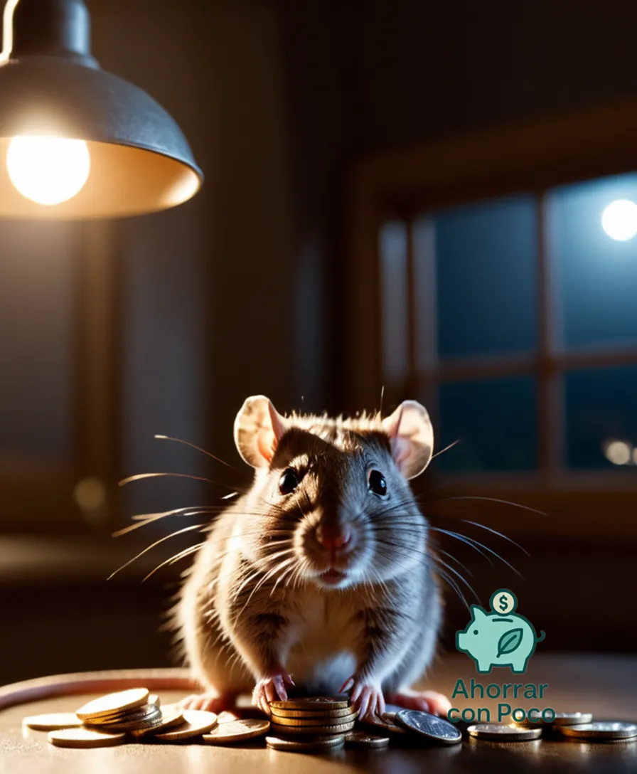 The image should show a clear and well-lit photograph of Ahorrador, a domestic household rodent of average size and brownish-gray complexion, perched on top of an electricity bill, surrounded by scattered coins and a faint moonlight cast over the scene.