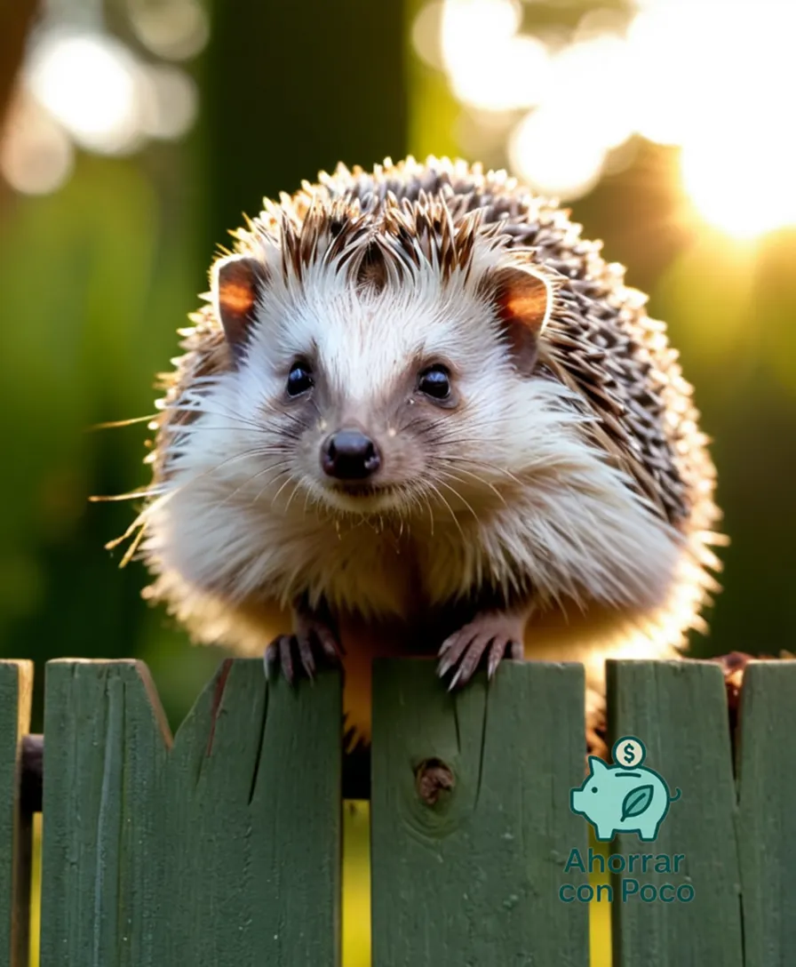 The image should show a large, healthy-looking hedgehog (Erinaceus europaeus), naturally perched on a lush green wooden fencepost in a sunny garden backdrop, amidst vibrant flowers and leaves, its characteristic spines glistening under soft morning light.