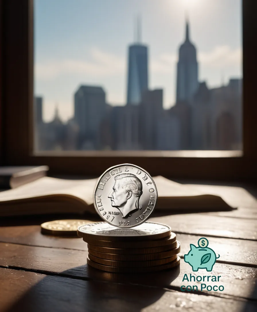 The image should show: A worn, silver Moneda, partially illuminated by soft sunlight seeping through a window with a blurred cityscape behind it, on a cluttered wooden table with papers, pens, and other reminders of budget planning in the foreground.
