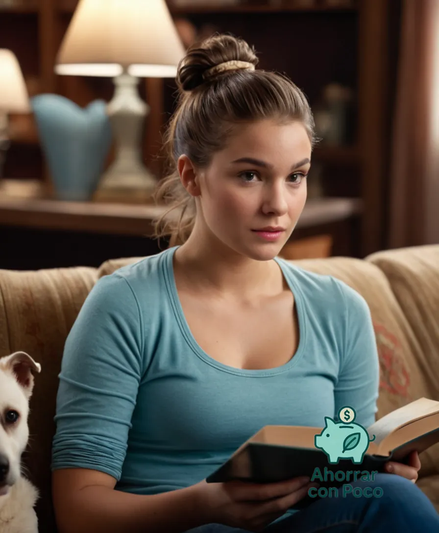 The image should show: A young woman with bright and inquisitive eyes, curly brown hair tied back in a ponytail, sitting on a worn-out couch surrounded by thrift store trinkets, engrossed in reading a dog-eared book with a faint smile on her face.