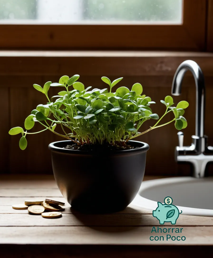 The image should show: A small, potted watercress plant sitting on a rustic wooden table surrounded by a few coins, with a faint soft focus effect in the background of a calm and serene bathroom sink with a faucet loosely turned off, highlighting a single drop of agua hanging from droplet to droplet.
